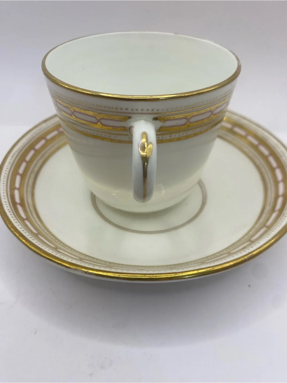 Antique Set Of 2 Cups & Sauces Porcelain With Gold Detail Marker Mark 6865/16